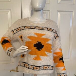 Polly & Esther Cream and Orange Geometric Eyelash Sweater size S NWT